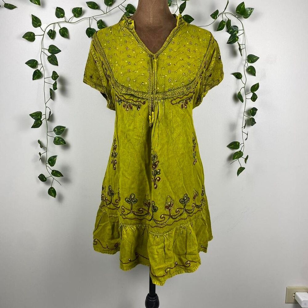 Embroidered mini dress boho fairy cottage goblin tunic top hippie earth tones